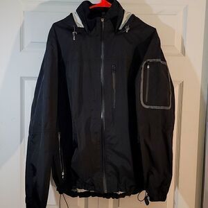 𝅺LANDS End Unisex Large L 42 44 Rain Jacket Black Packable Hooded Light Weight